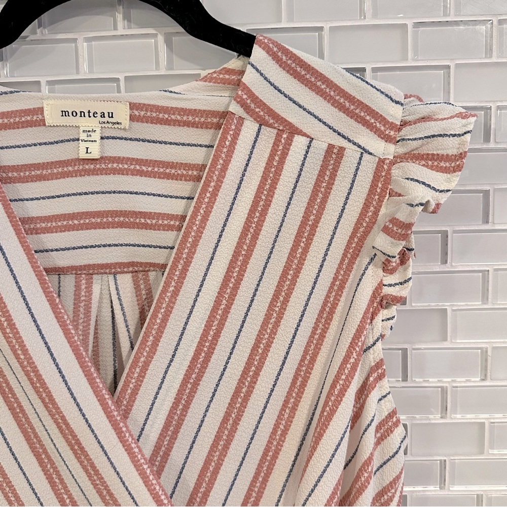 EUC Monteau Striped Wrap Top with Flutter Sleeves